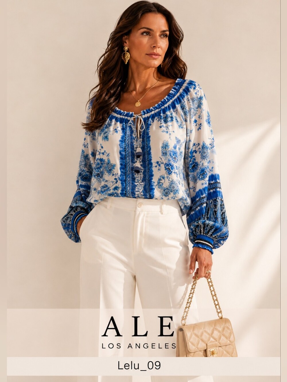 Ale by Alessandra 100% Silk Blue White Floral Boho Blouse Size M